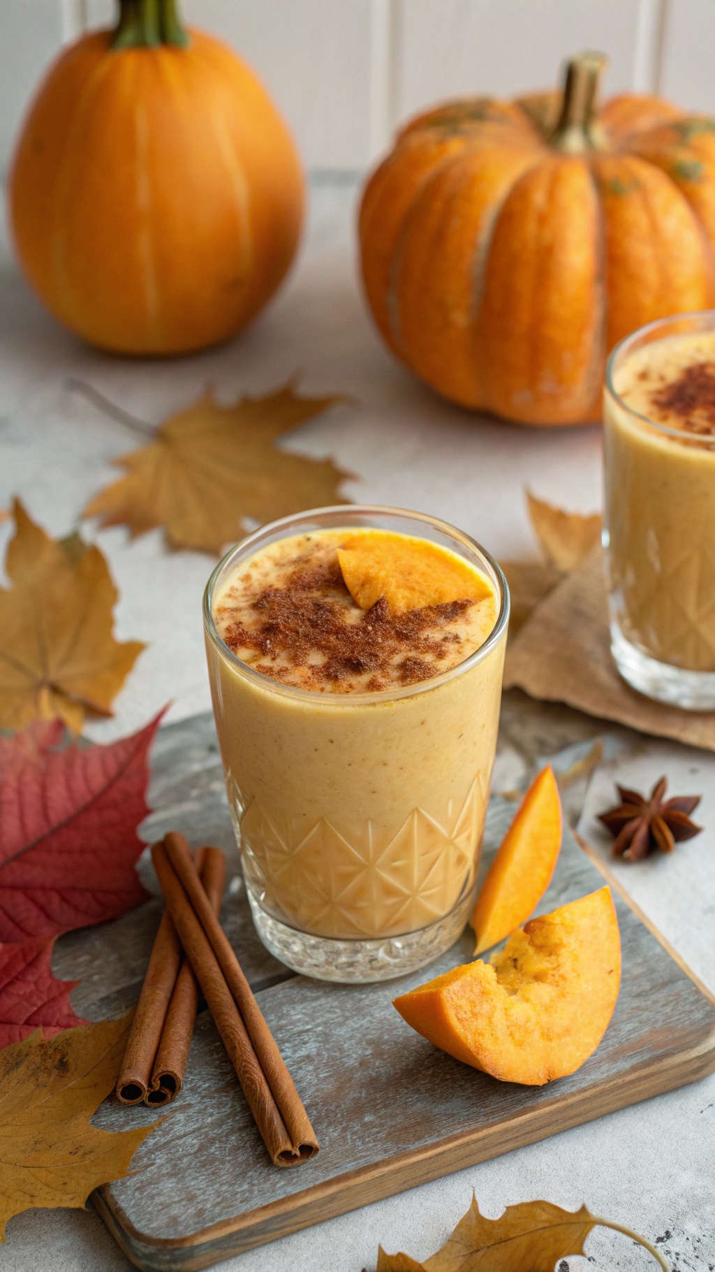 A pumpkin smoothie in a glass, topped with cinnamon and a slice of pumpkin, surrounded by autumn leaves and pumpkins.