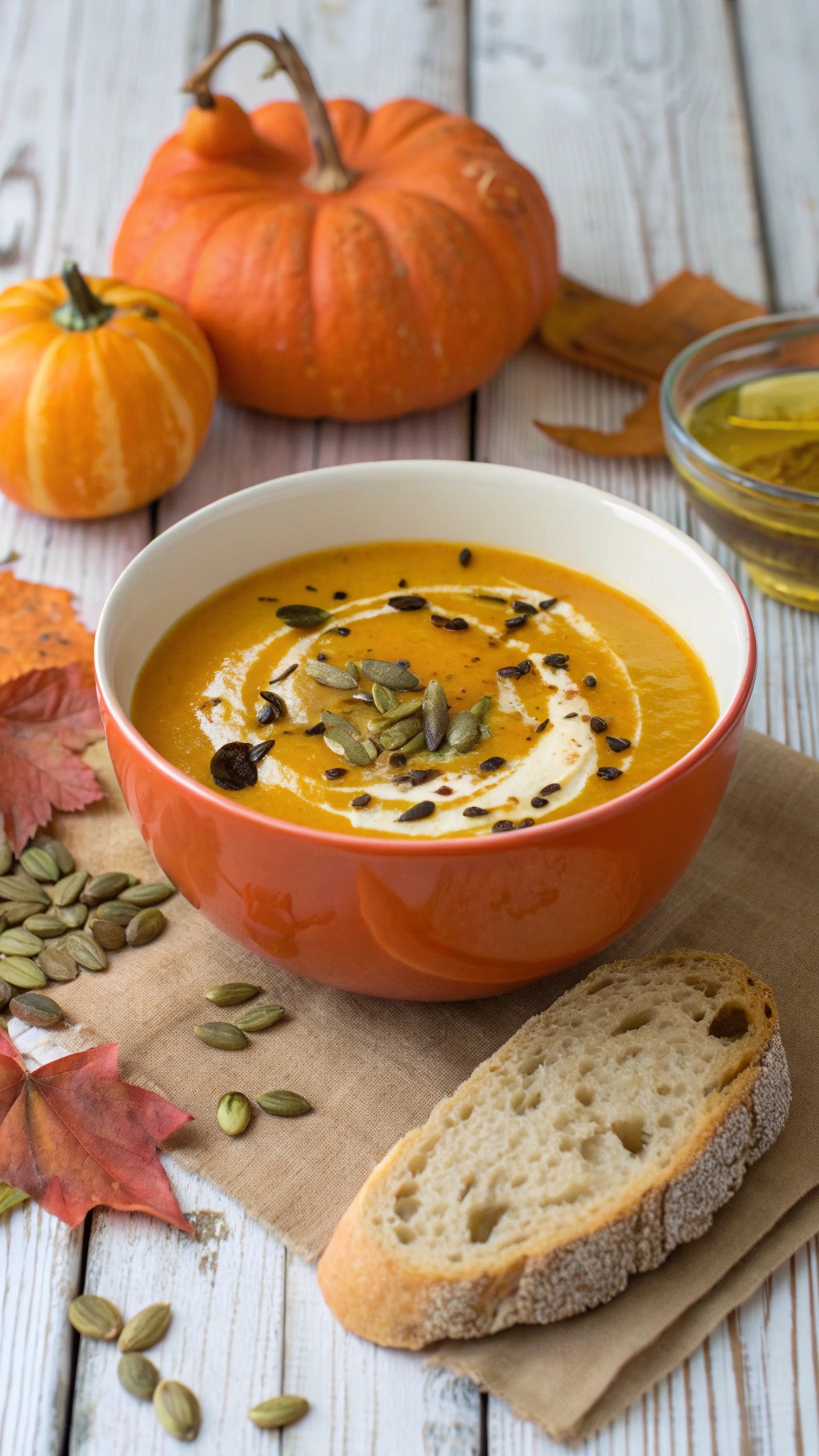 A bowl of pumpkin soup garnished with seeds, surrounded by pumpkins and autumn leaves.