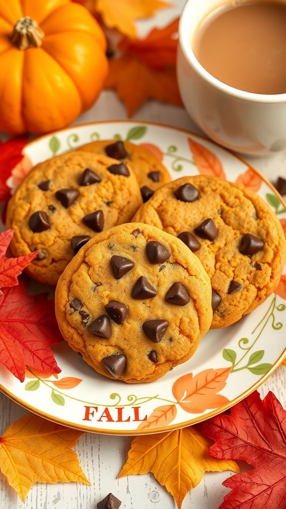 Pumpkin spice chocolate chip cookies on a plate with autumn leaves and a pumpkin