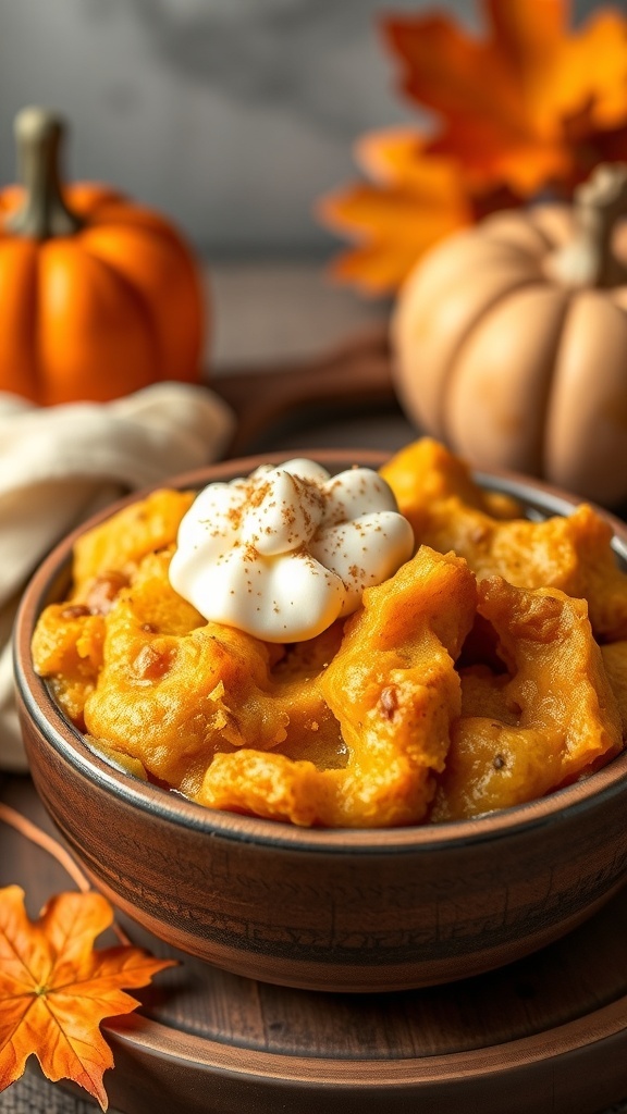 A bowl of pumpkin spice high-protein bread pudding topped with whipped cream and cinnamon, surrounded by autumn leaves and pumpkins.