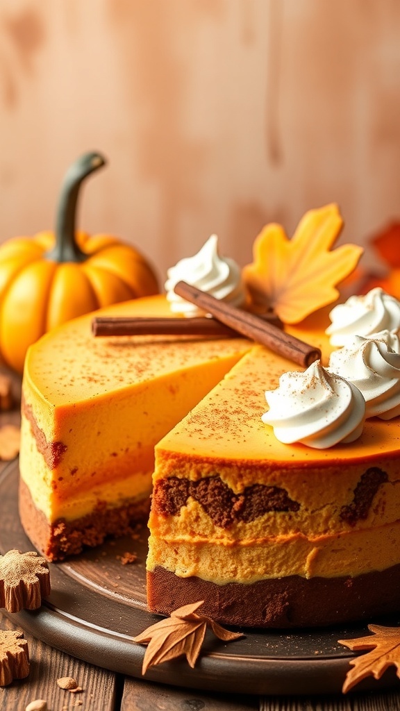 A beautifully layered pumpkin spice keto cheesecake with whipped cream and decorative elements, celebrating fall flavors.