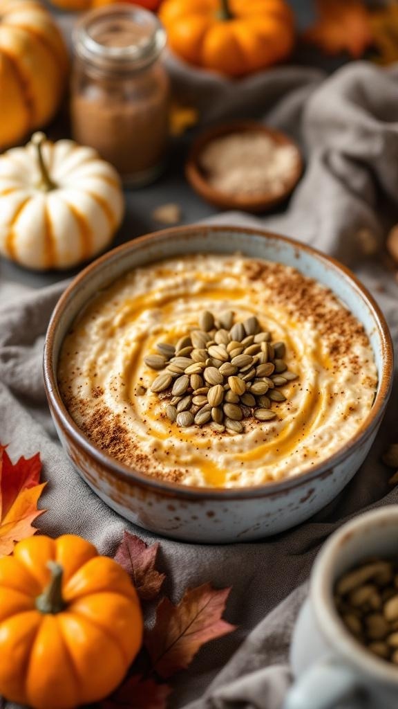 A bowl of pumpkin spice overnight oats topped with pumpkin seeds, surrounded by mini pumpkins and autumn leaves.