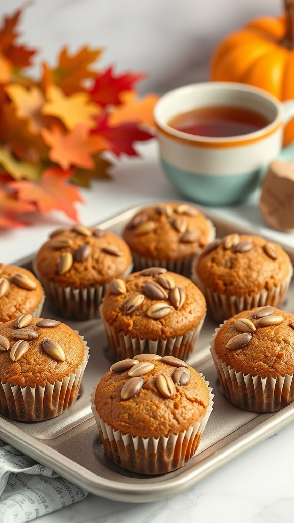 A tray of pumpkin spice protein muffins topped with pumpkin seeds, surrounded by autumn leaves and a cup of tea.