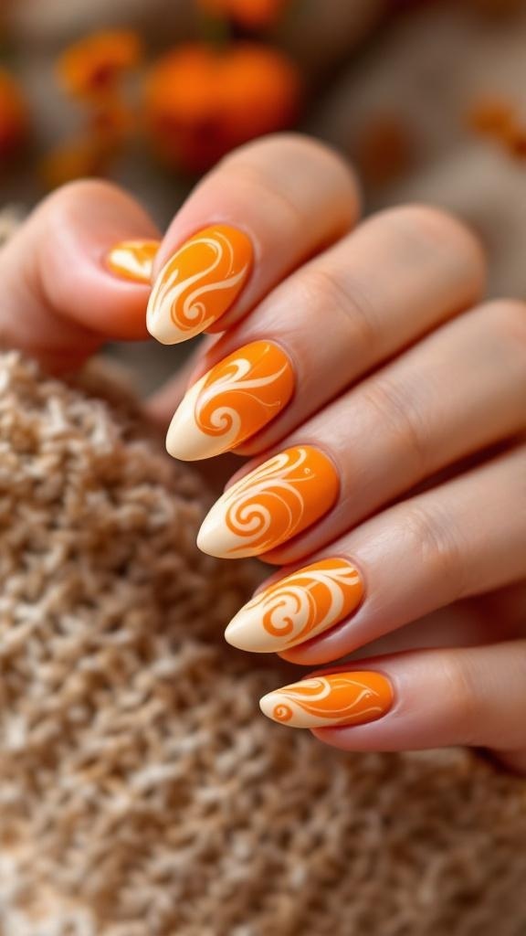 Nail design featuring orange and beige swirls, inspired by pumpkin spice.
