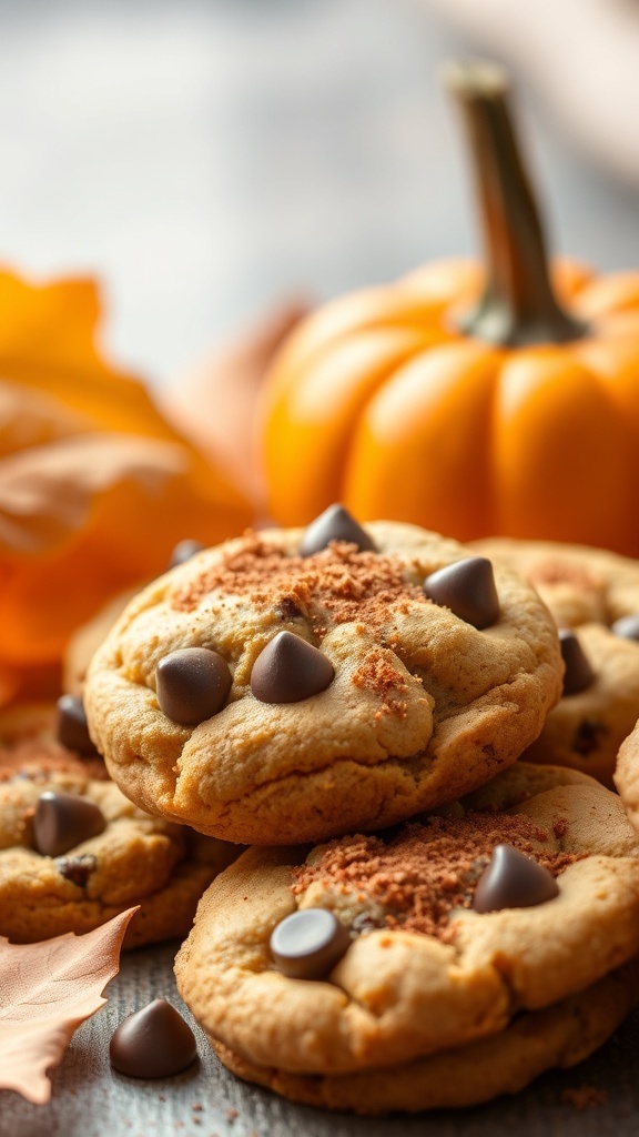 Pumpkin spice vegan chocolate chip cookies with a pumpkin in the background