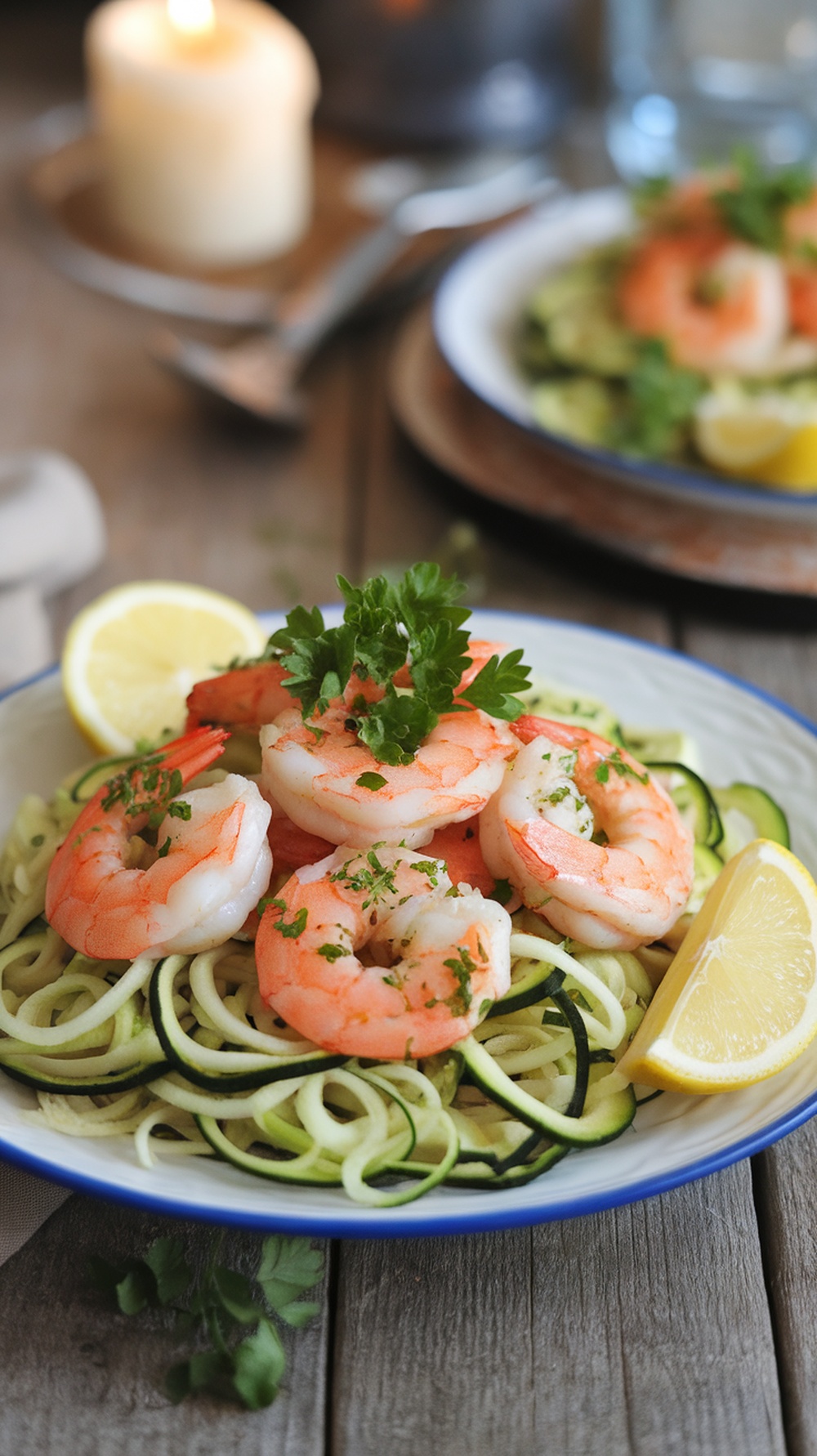 A plate of garlic shrimp served over spiralized zucchini noodles, garnished with parsley and lemon slices.