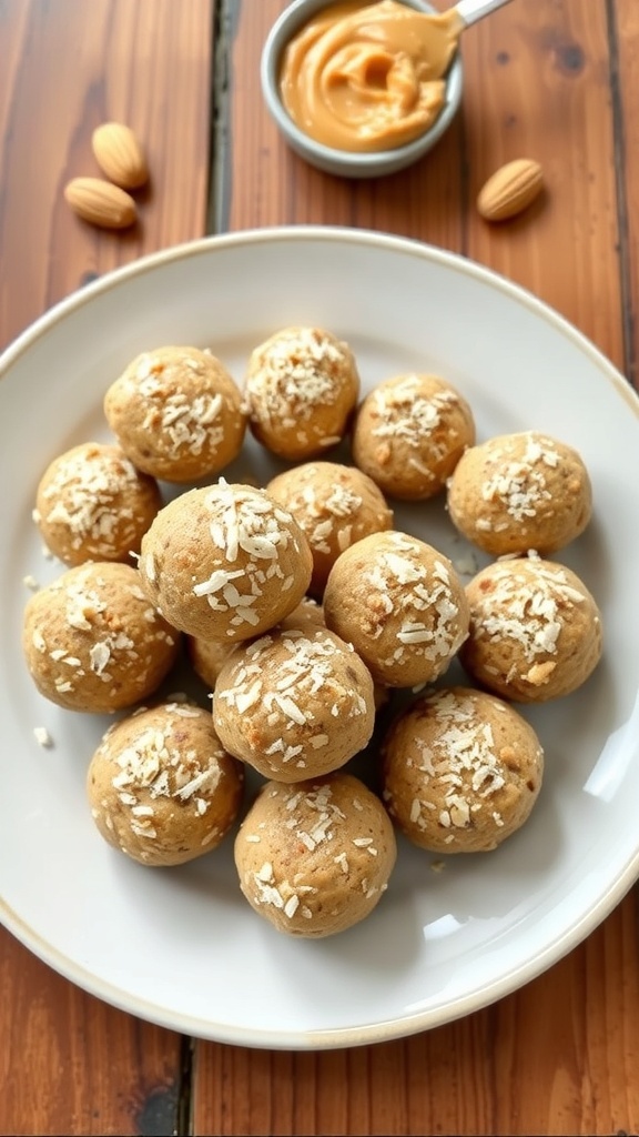A plate of almond butter energy bites sprinkled with coconut, with a bowl of almond butter in the background.