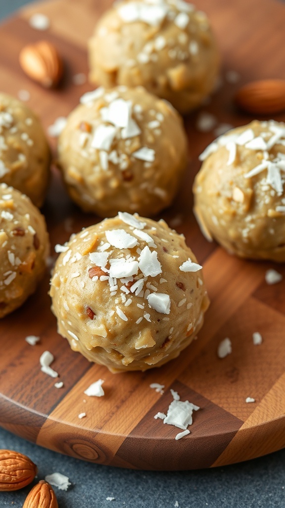 Delicious almond butter energy bites topped with shredded coconut and almonds on a wooden platter.