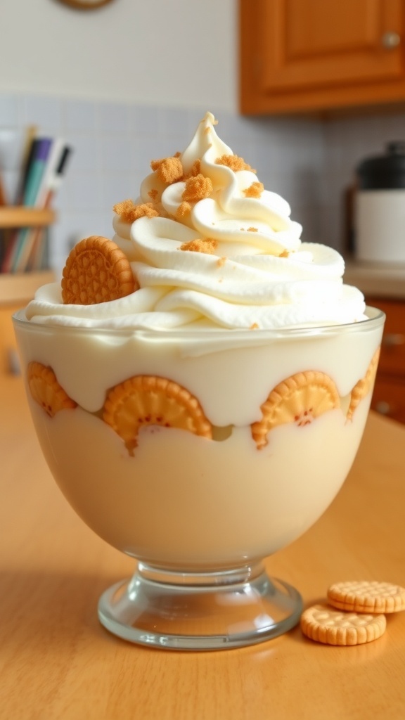 A bowl of creamy banana pudding topped with whipped cream and vanilla wafers.