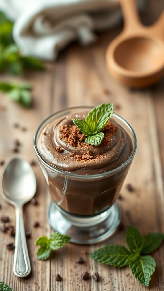 A glass of chocolate mousse topped with cocoa powder and mint leaves, with a spoon beside it.