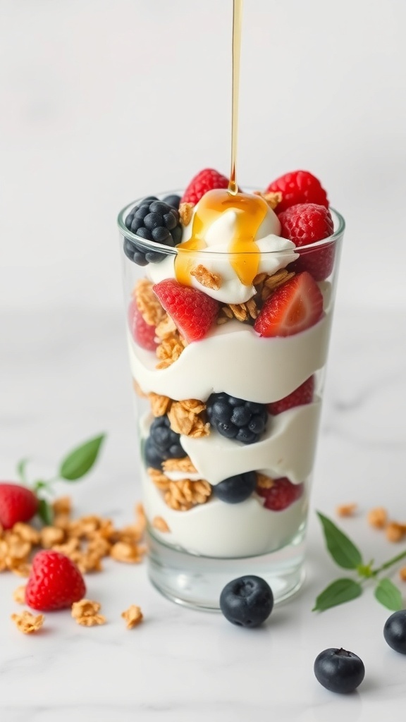 A glass of Greek yogurt parfait with layers of yogurt, fresh berries, and granola, topped with honey.