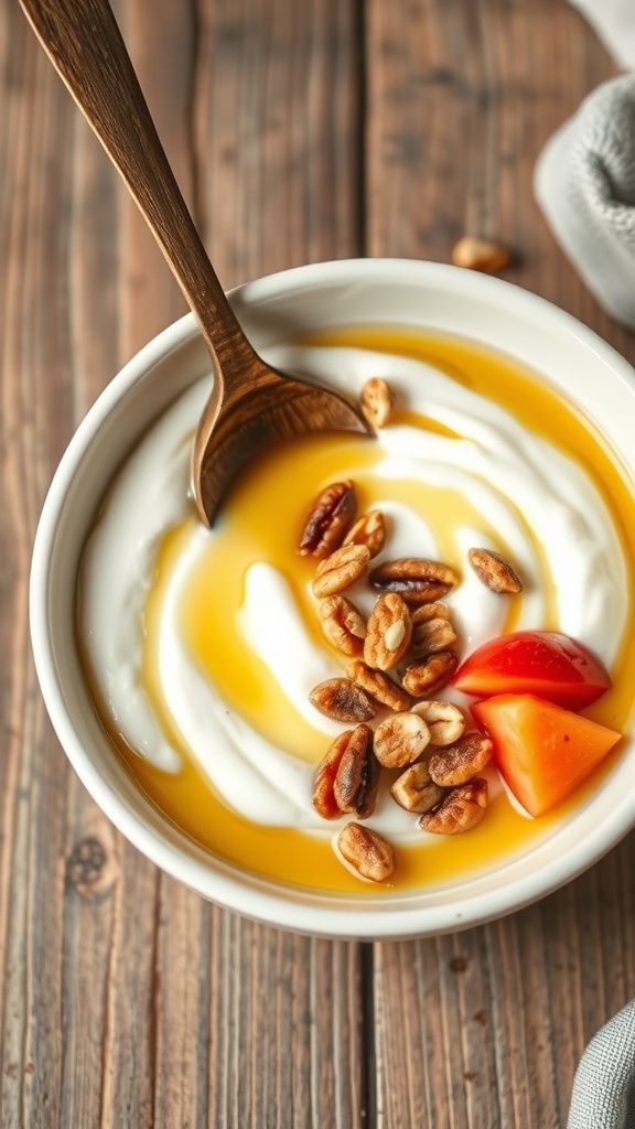A bowl of Greek yogurt topped with honey, nuts, and fresh fruit on a wooden table.