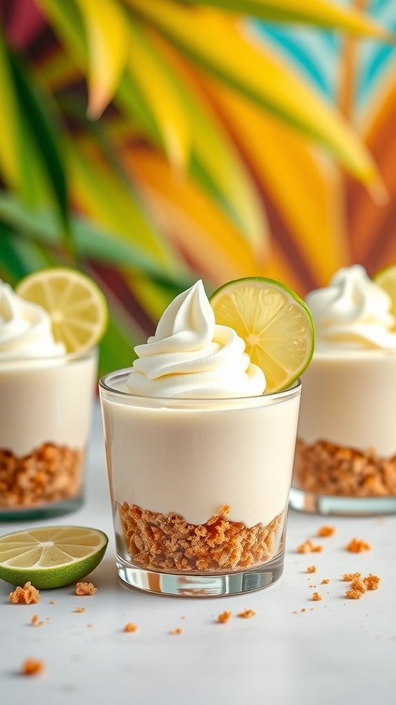 Three key lime pie cups with whipped cream and lime slices on a colorful background
