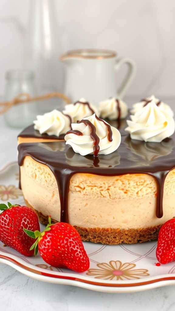 A creamy peanut butter cheesecake topped with chocolate ganache and whipped cream, garnished with fresh strawberries.