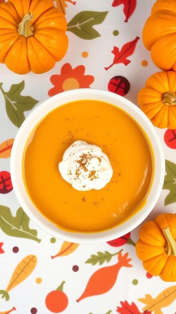 A bowl of creamy pumpkin pudding topped with whipped cream, surrounded by small pumpkins on a colorful autumn-themed tablecloth.