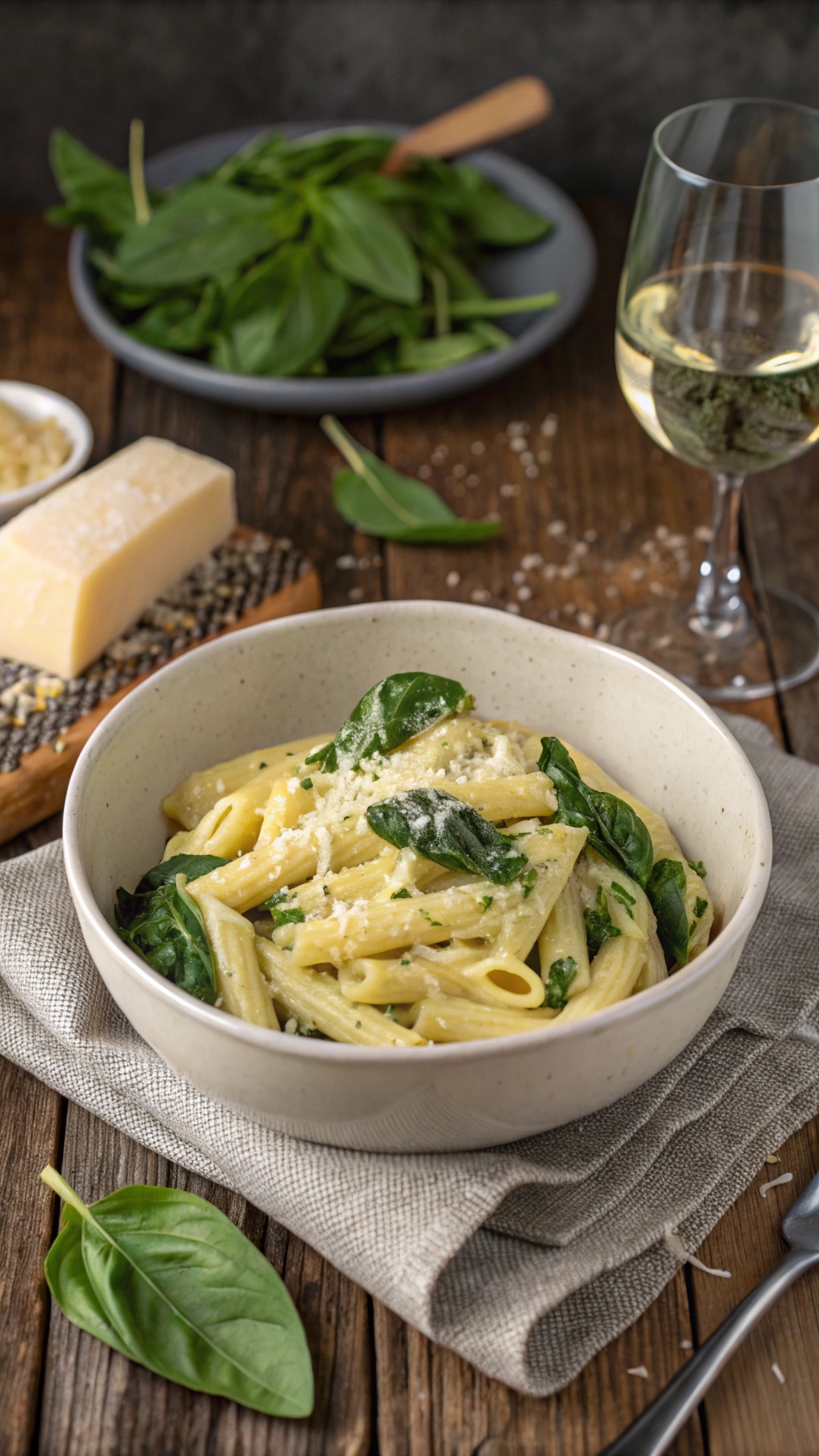 A bowl of creamy spinach and ricotta pasta garnished with cheese and fresh spinach leaves.