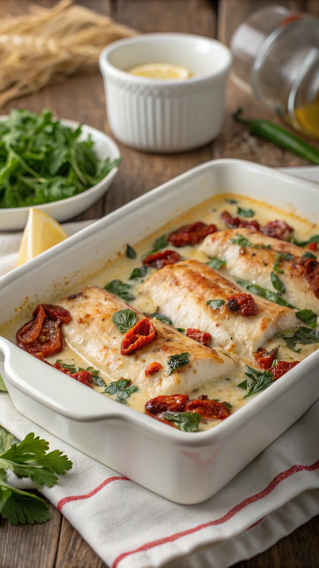 A creamy Tuscan fish bake with sun-dried tomatoes and fresh herbs in a white baking dish.