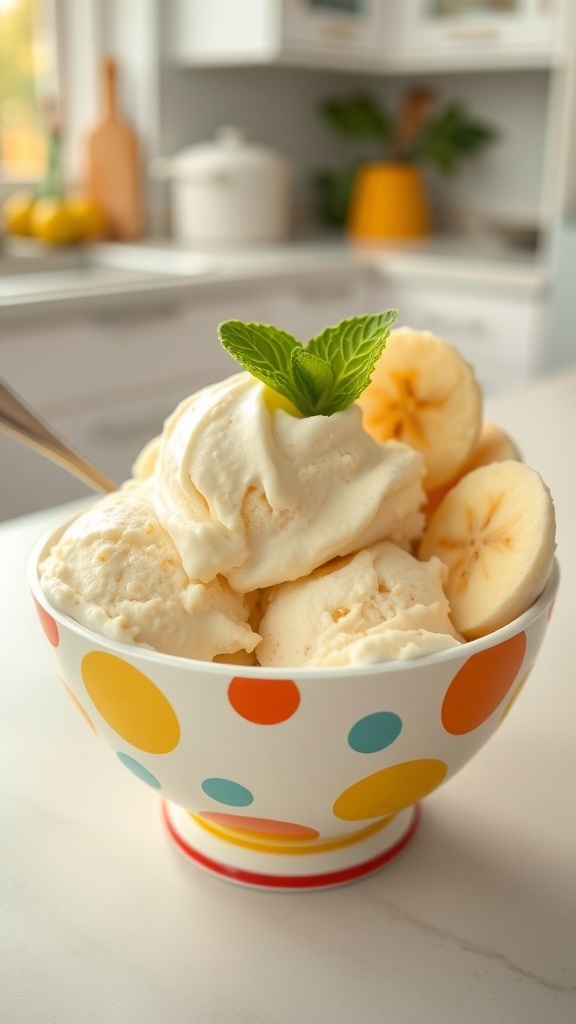 A bowl of banana ice cream with mint and banana slices.