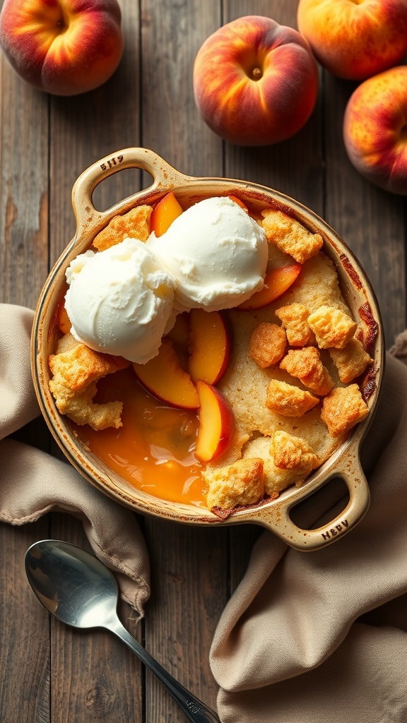 A delicious peach cobbler topped with vanilla ice cream, surrounded by fresh peaches.