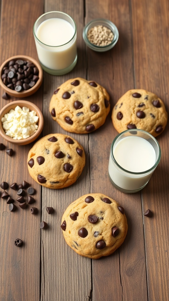 Delicious chocolate chip cookies with a glass of milk on a wooden table