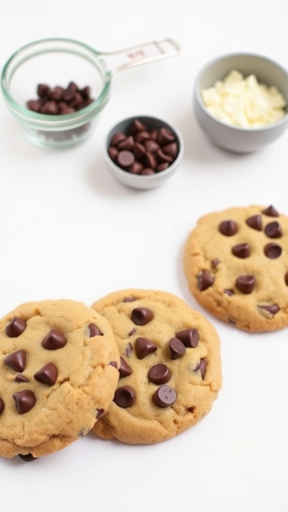 Three keto chocolate chip cookies with chocolate chips and almond flour scattered around.