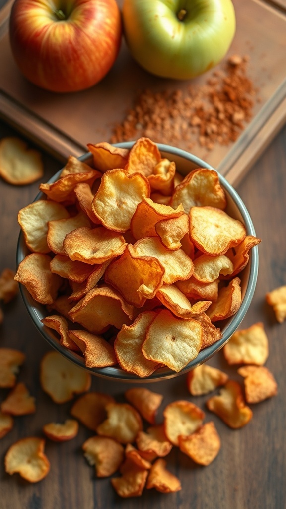 A bowl of crispy apple chips with fresh apples and cinnamon in the background.