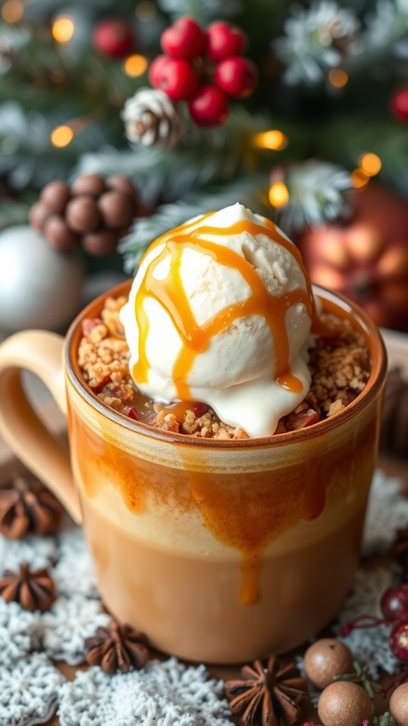 A warm apple crisp in a mug topped with vanilla ice cream and caramel sauce, surrounded by festive decorations.