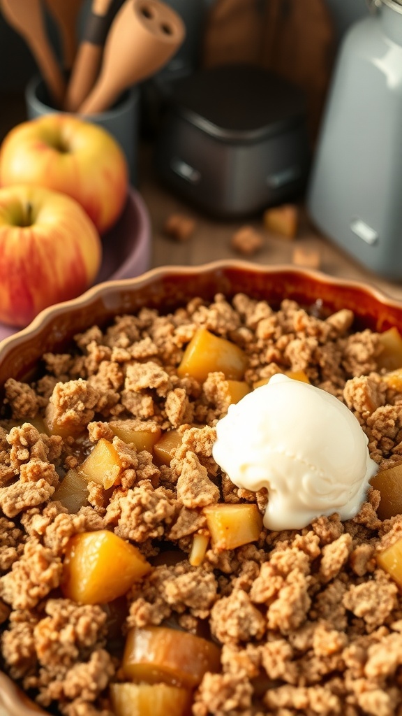 A warm apple crisp topped with vanilla ice cream, surrounded by fresh apples and kitchen utensils.