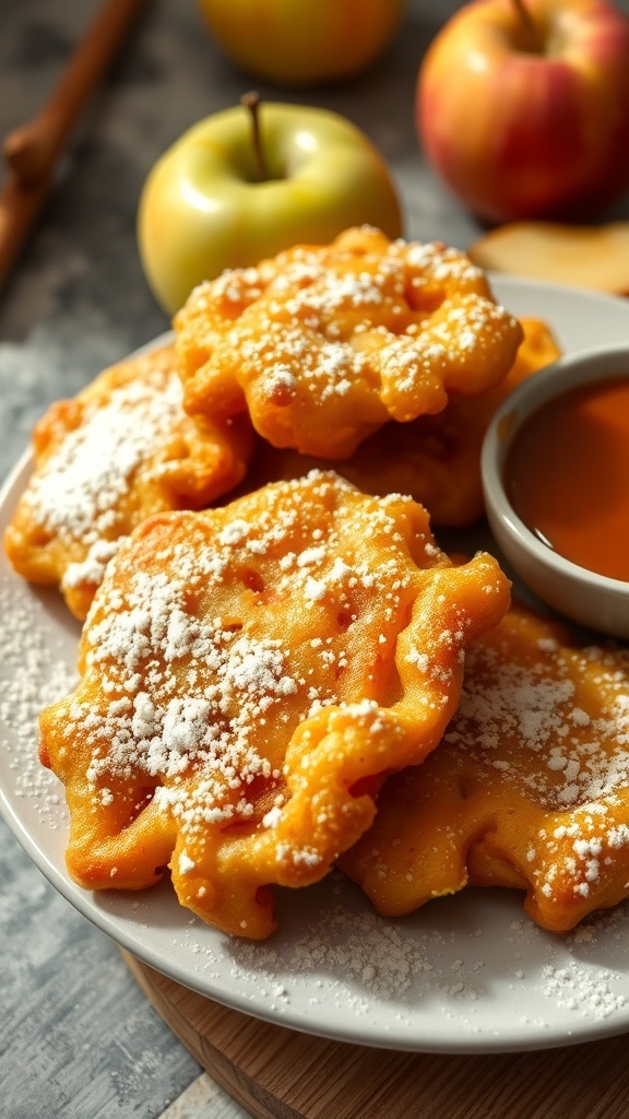 Plate of apple fritters dusted with powdered sugar, served with a side of dipping sauce and fresh apples in the background.