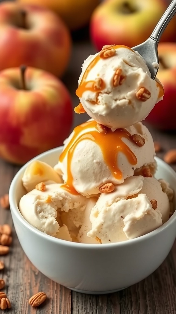 A bowl of apple ice cream topped with caramel sauce and nuts, with fresh apples in the background.