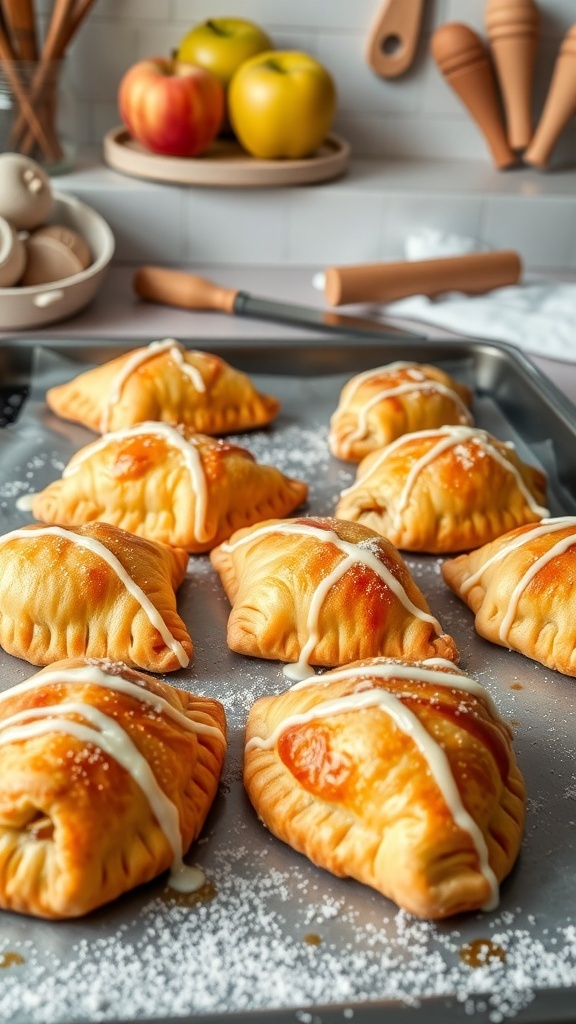 A tray of freshly baked apple turnovers with a light icing drizzle and powdered sugar, surrounded by apples.
