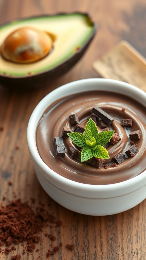 A bowl of avocado chocolate mousse topped with mint and chocolate chunks, with a halved avocado in the background.