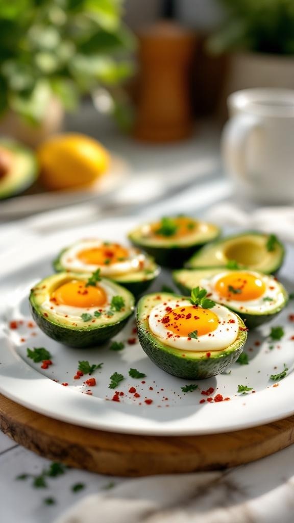 Avocado egg cups on a plate, garnished with herbs and chili flakes.