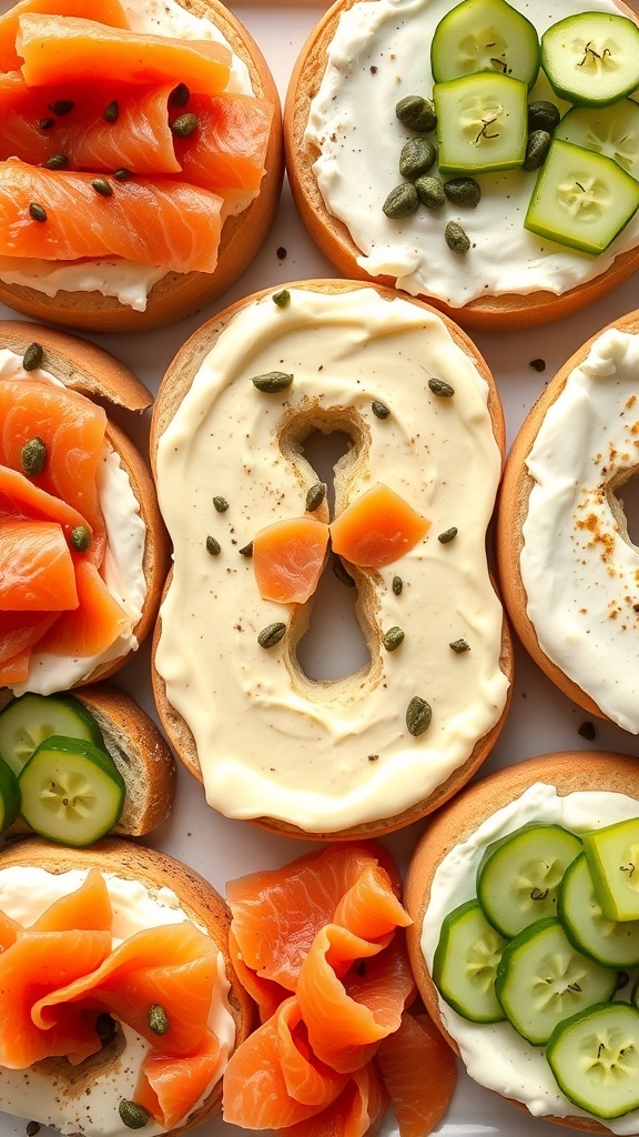 Various bagels topped with cream cheese, smoked salmon, cucumbers, and capers.