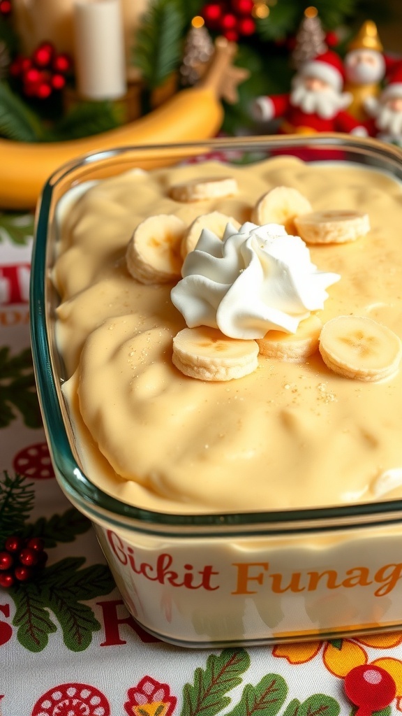 A bowl of banana pudding topped with banana slices and whipped cream, decorated for Christmas.