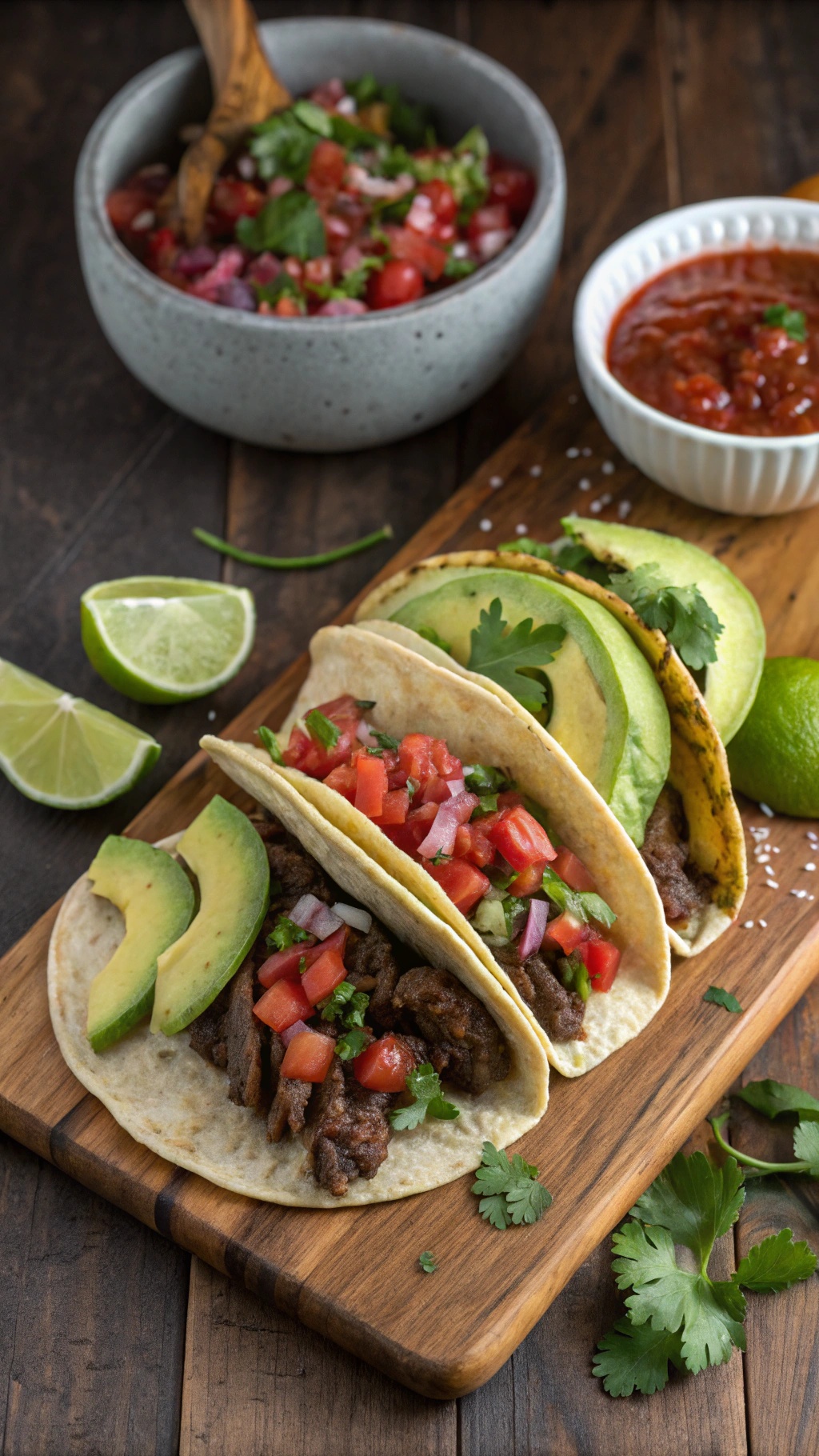 Delicious beef tacos with fresh salsa and avocado slices on a wooden board.