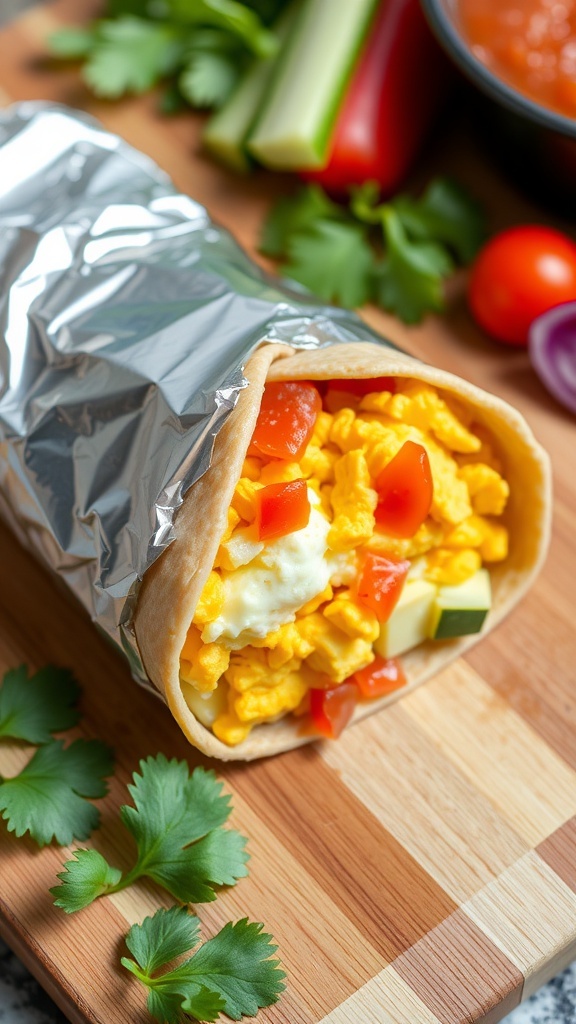 A delicious breakfast burrito filled with scrambled eggs and cheese, topped with fresh tomatoes and cilantro.