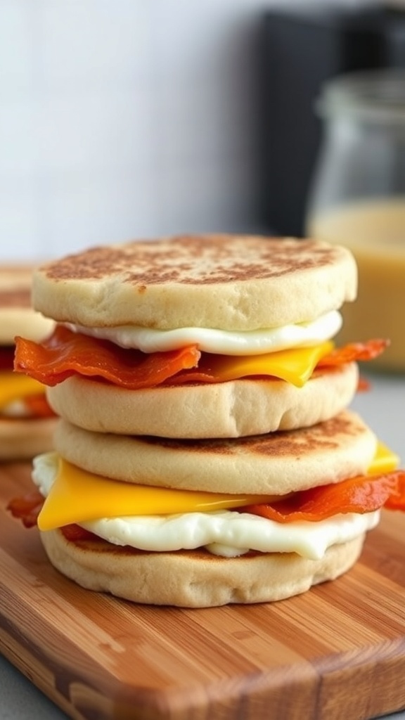 A stack of breakfast sandwiches with bacon, cheese, and eggs on a wooden cutting board.