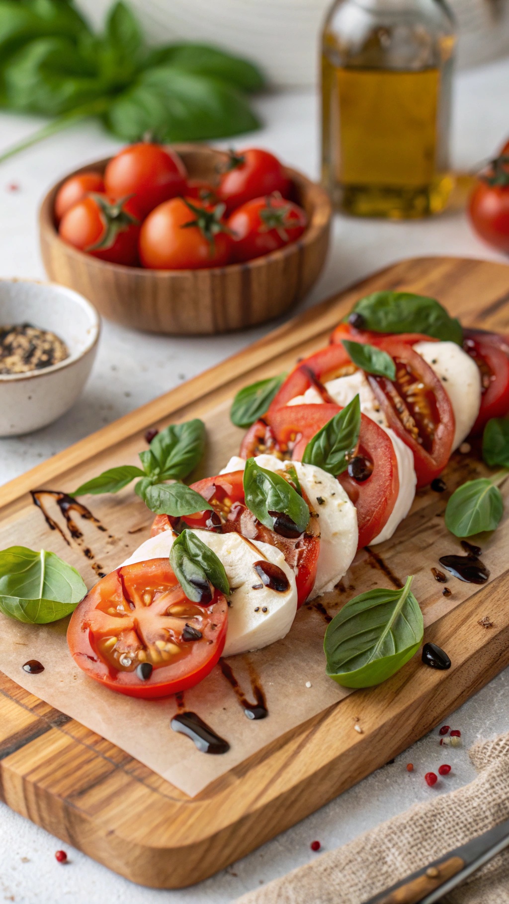 A fresh Caprese salad with tomatoes, mozzarella, and basil on a wooden board.