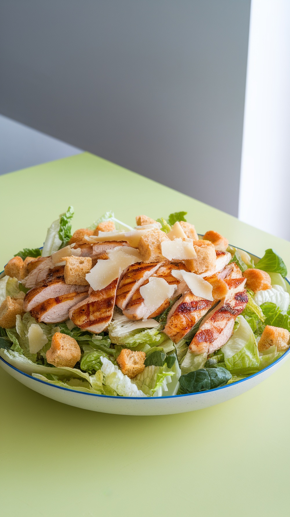 A bowl of Chicken Caesar Salad with grilled chicken, croutons, and Parmesan cheese on a light green background.