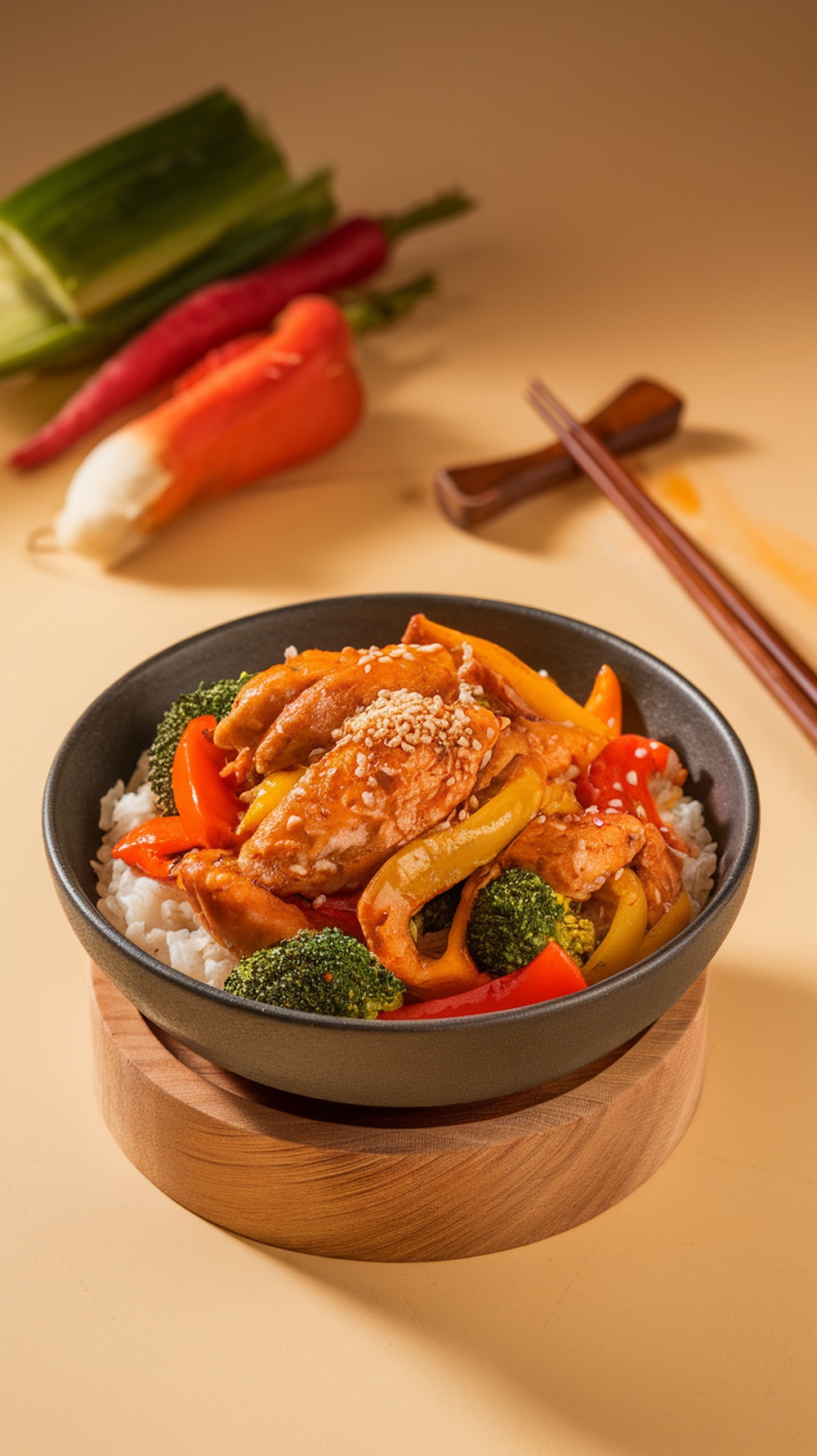 A delicious chicken stir-fry with colorful peppers and broccoli served over rice.