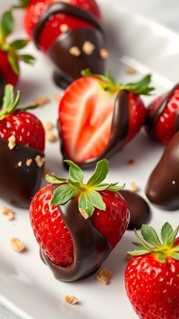 Delicious chocolate-dipped strawberries on a white plate, some with toppings.