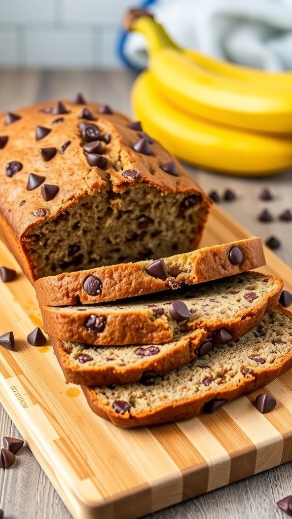 A loaf of chocolate chip banana bread sliced on a wooden board with bananas in the background.