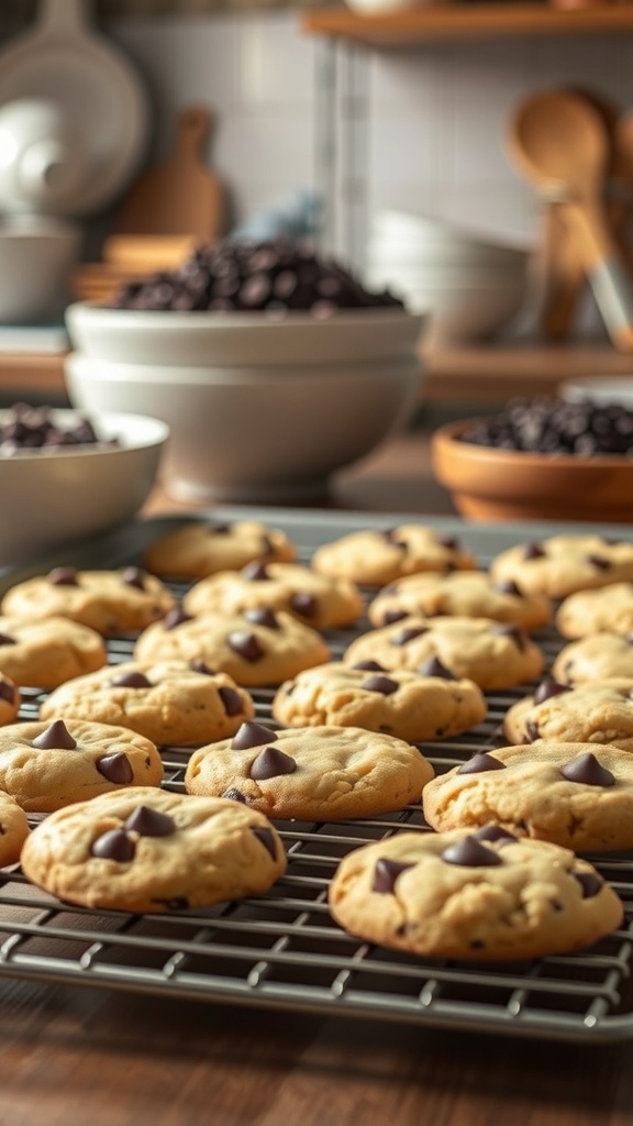Freshly baked chocolate chip cookies cooling on a rack with bowls of chocolate chips in the background.