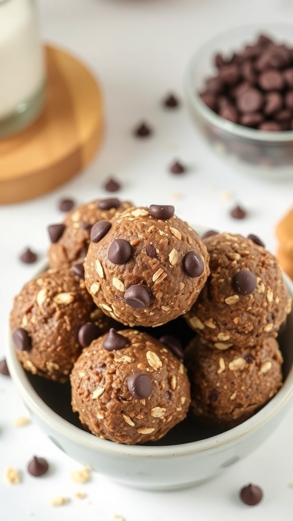 A bowl of chocolate energy bites topped with chocolate chips, surrounded by chocolate chips and a glass of milk.