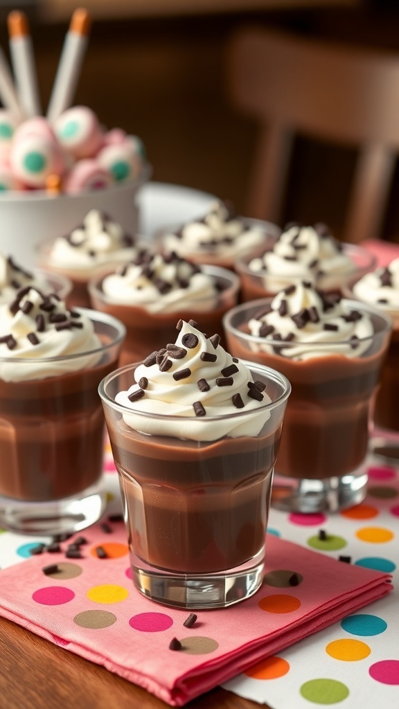 Chocolate pudding cups topped with whipped cream and chocolate sprinkles on colorful polka dot napkins.
