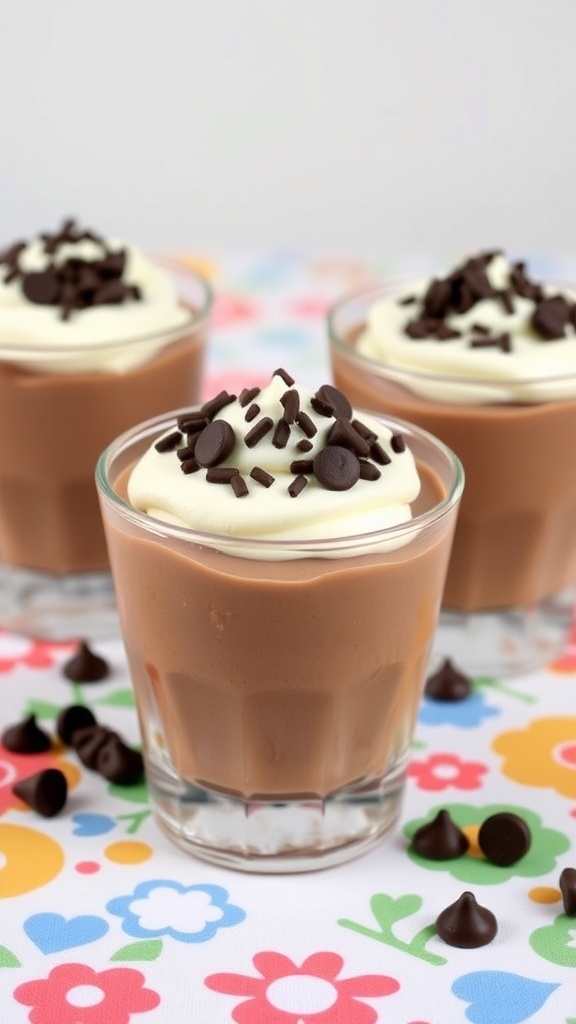 Three chocolate pudding cups topped with whipped cream and chocolate sprinkles