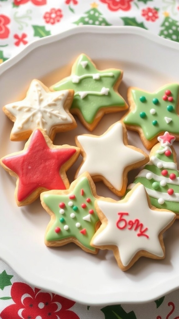 A plate of colorful Christmas sugar cookies in star shapes, decorated with icing and festive designs.