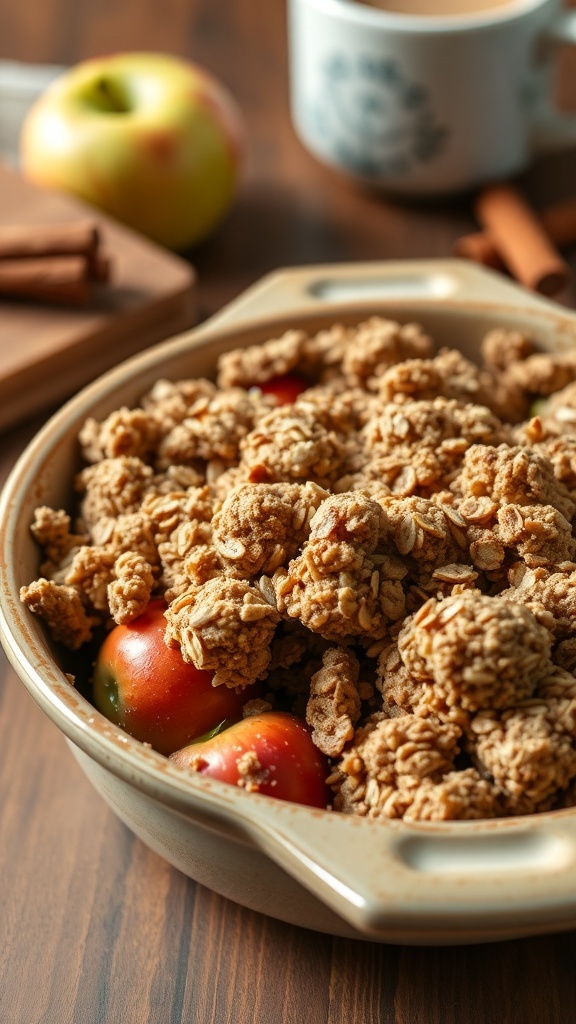 A cozy dish of cinnamon apple crisp with a crunchy topping and fresh apples nearby.