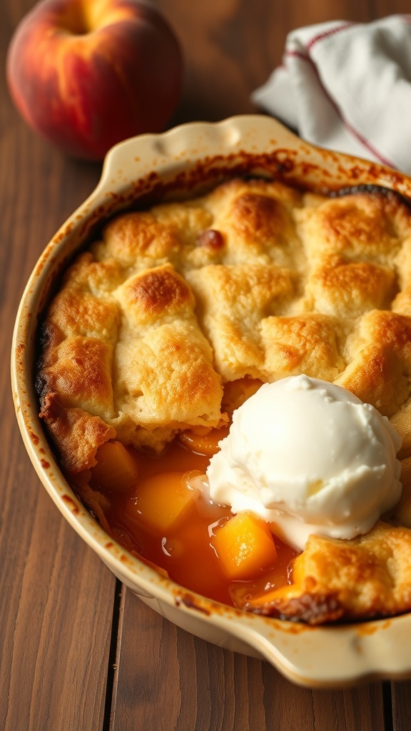 A delicious peach cobbler with a scoop of ice cream on top, served in a baking dish.